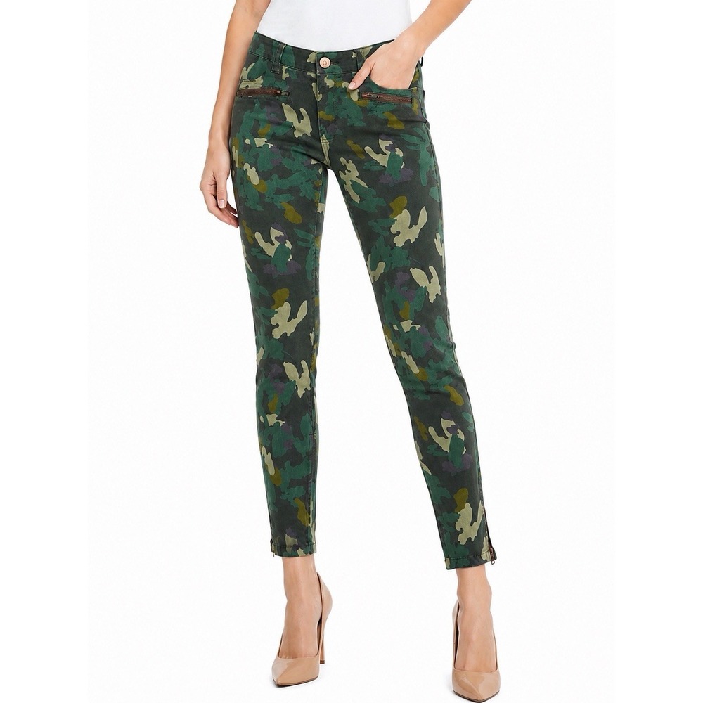 CAbi Size 6 Green Camo Print Skinny Ankle Pants Zip Hem Stretch